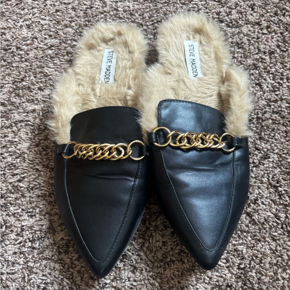 Steve Madden Beige Faux Fur Mules
